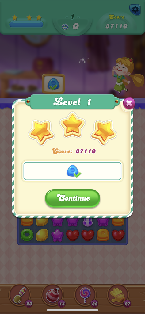 Sweet Candy Mania-Puzzle Games - Level 1 completion screen in Sweet Candy Mania showing a three star rating and score
