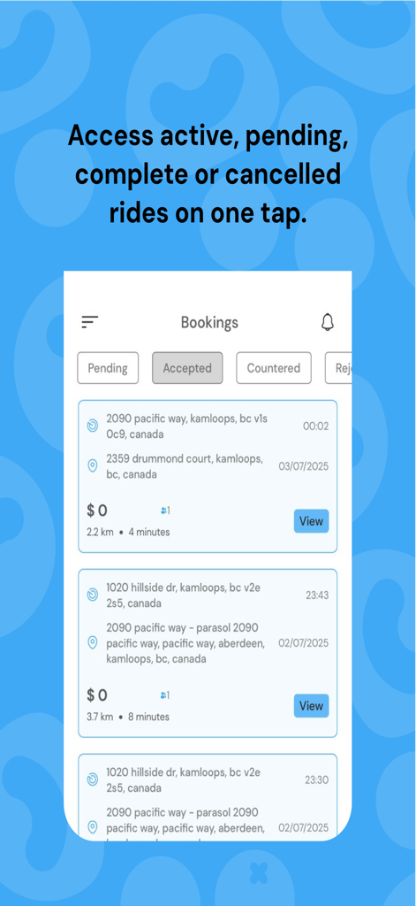 MyCoPilot - Ride sharing - MyCoPilot app bookings screen displaying accepted carpool trip details and status updates