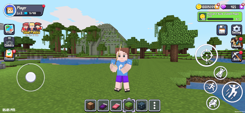 A character in a voxel sandbox world with trees and a stone structure