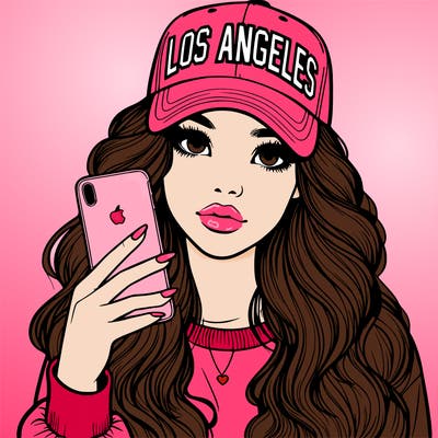 realistic beautiful girl wearing los ángeles cap holding an iphone