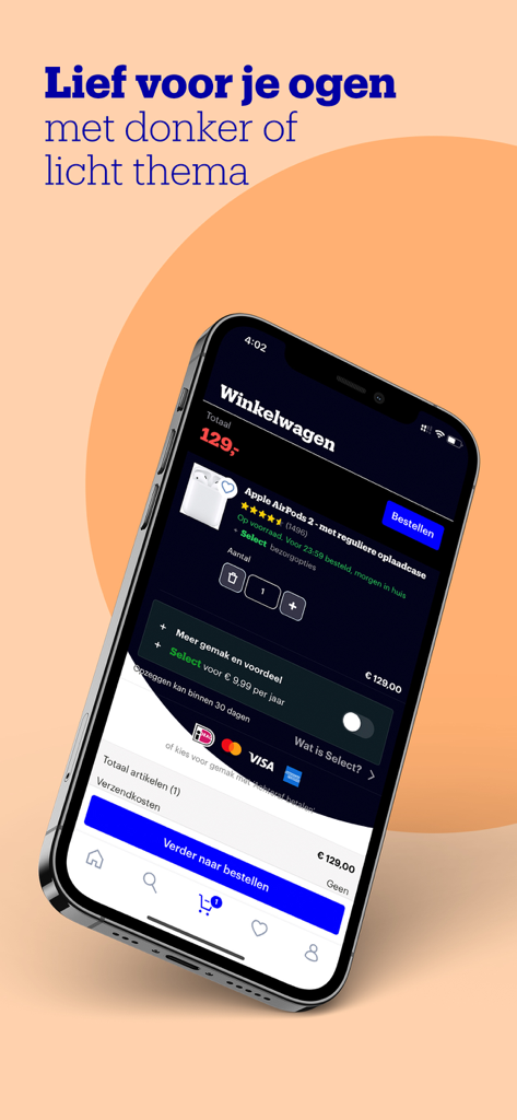 Bol app shopping cart displayed in dark mode with Apple AirPods