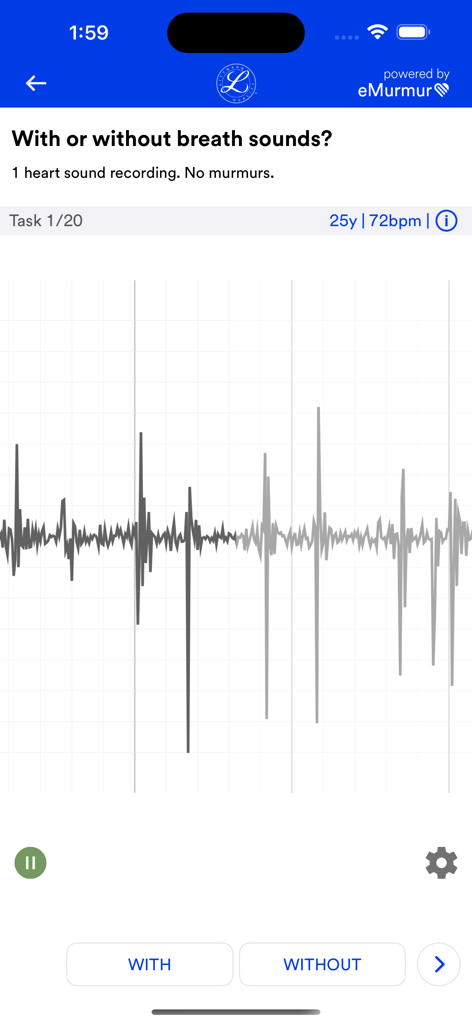 心音波形と聴診クイズを表示するLittmann Learningアプリのインターフェース。