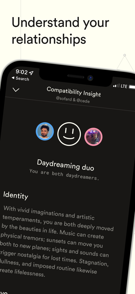 Screenshot of Dimensional app showing relationship compatibility insight for a daydreaming duo.