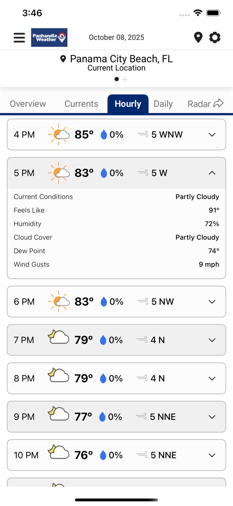 A screenshot of the Panhandle Weather App displaying an hourly forecast for Panama City Beach Florida with temperature and humidity details