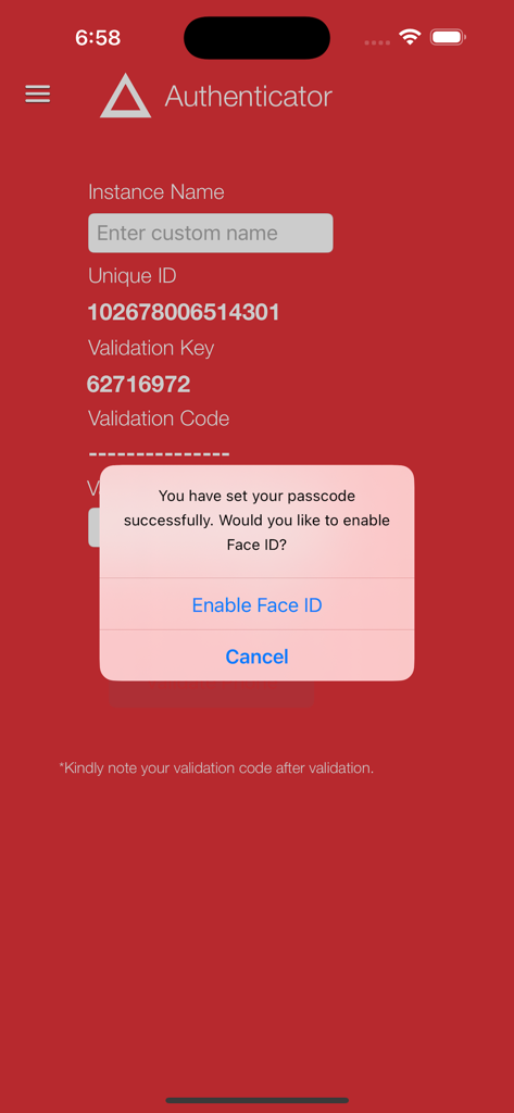 Face ID activation prompt in the ARCON Authenticator app setup