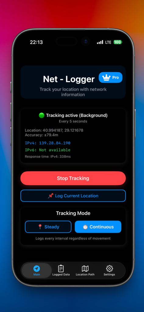 Net-Logger - Net-Logger app interface showing active GPS tracking and network diagnostic data