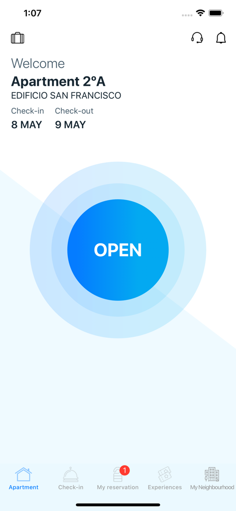 Staymyway mobile app interface featuring a large blue open button for keyless apartment entry