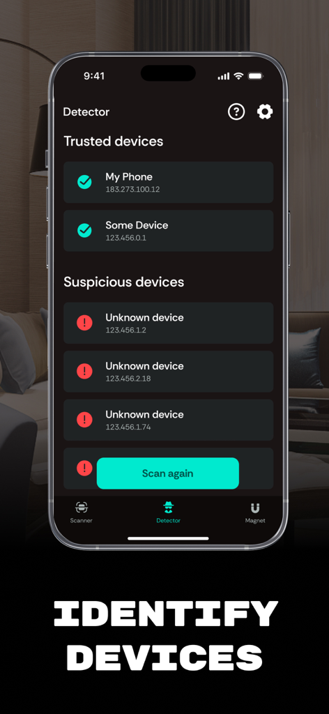 Smartphone screen displaying lists of trusted and suspicious devices detected by the Camera Detector app