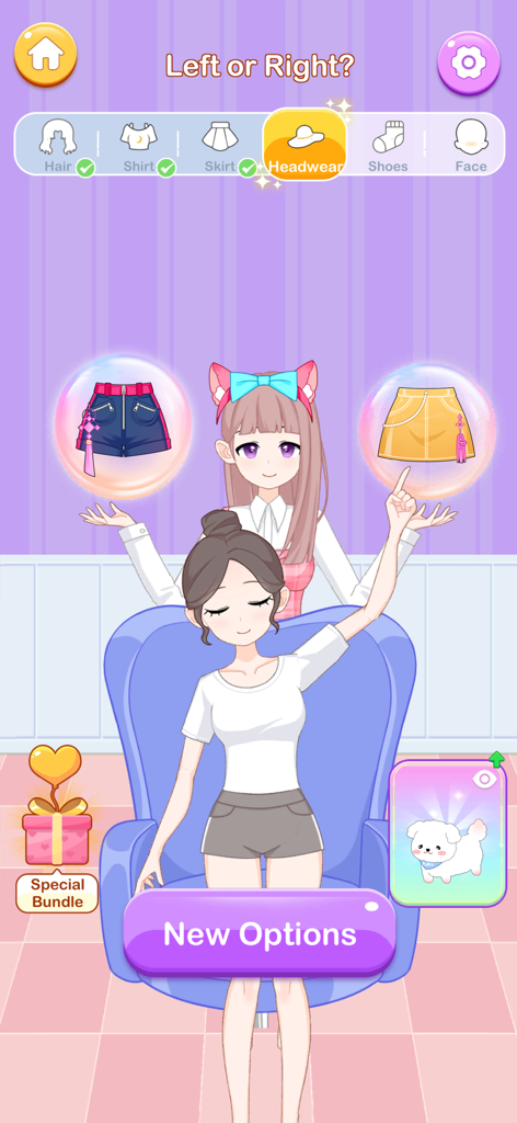 Which Dress? Left or Right - A gameplay screenshot of Which Dress Left or Right where a player chooses between denim shorts and a yellow skirt for their character.