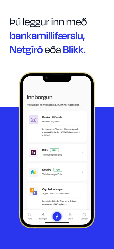 Myntkaup app deposit screen displaying bank transfer, Blikk, Netgiro, and crypto deposit options