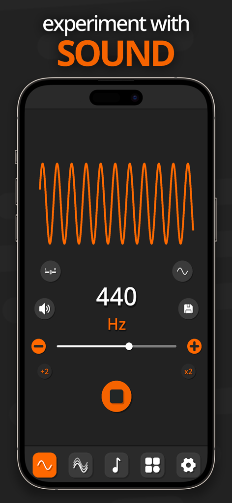 Frequency Sound Wave Generator - Mobile app interface of the Frequency Sound Wave Generator displaying a 440Hz sine wave tone with animated visualization and audio controls.
