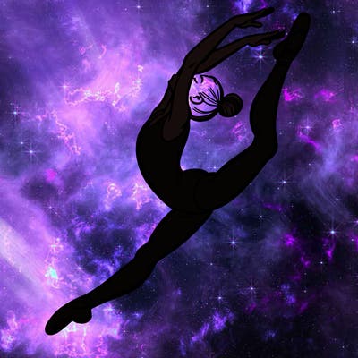 gymnast doing a leap in a leotard with a bent back leg