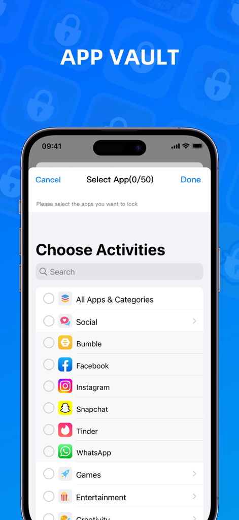Interface mostrando uma lista de aplicativos de mídia social e namoro disponíveis para bloquear para privacidade e controle parental.