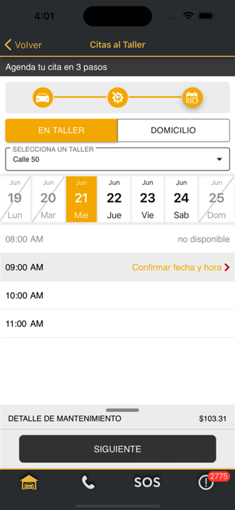Grupo Silaba - Interface for scheduling a car maintenance appointment showing date and time selection