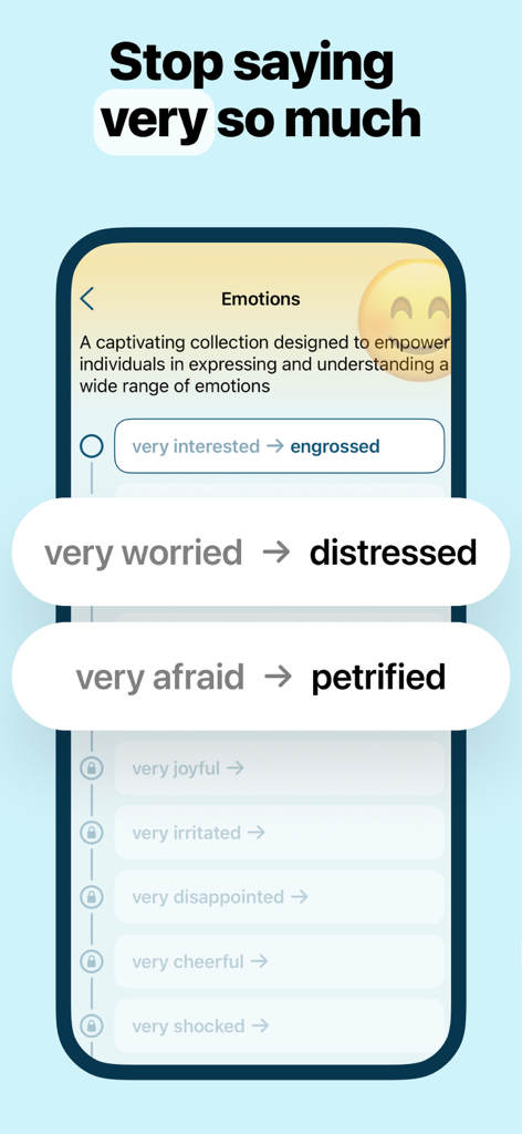 App screen showing sophisticated synonyms to replace common phrases starting with very