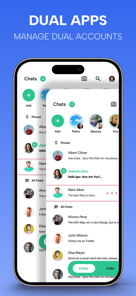 Parallel Space – Dual Accounts - Parallel Spaceアプリインターフェイスを使用して、デュアルチャットアカウントを表示するスマートフォン。