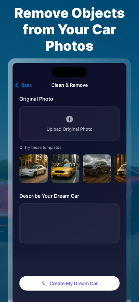 AI Car Tuning Designer Tool - Screenshot of the AI Car Tuning Designer Tool showing the photo upload and dream car description interface