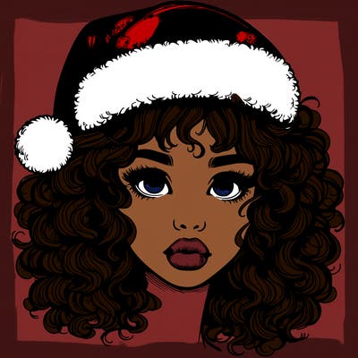 realistic girl with a santa hat curly hair and lips