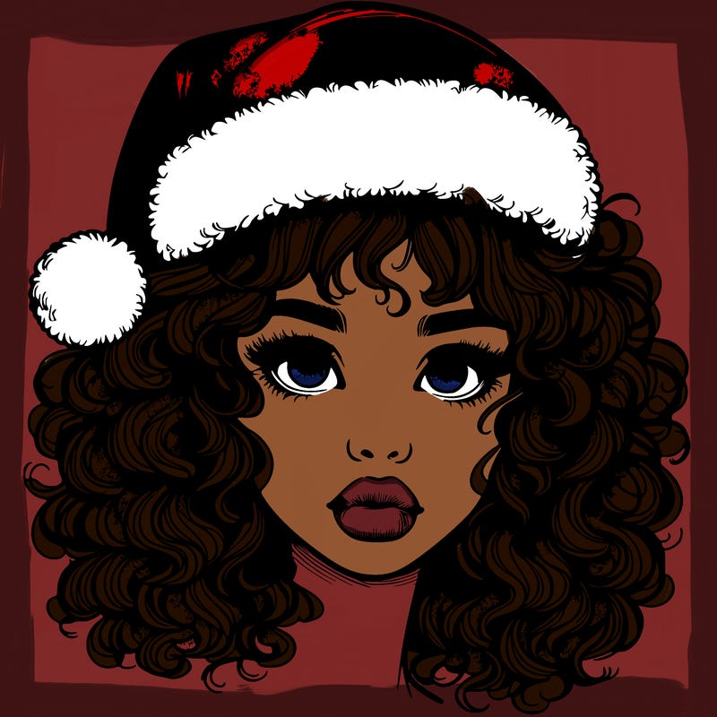 realistic girl with a santa hat curly hair and lips