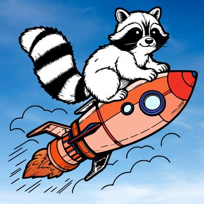 realistic raccoon flying on top rocket ship