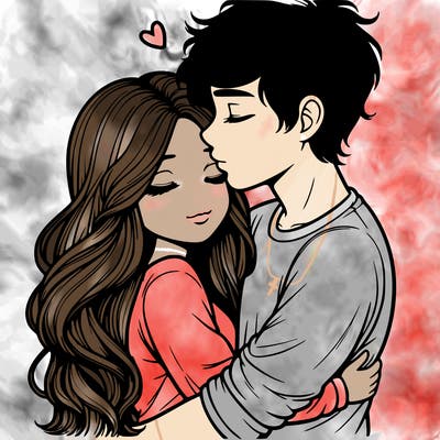 a realistic couple boy and girl hugging and kissing