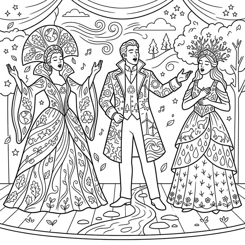 Experience the majestic fusion of classical opera and environmental advocacy with this stunning Earth Day coloring page. Adorn intricate costumes and a vibrant stage with colors that celebrate our planet's beauty.
