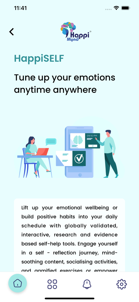 HappiMynd-Emotional Self Help - Pantalla de la aplicación HappiMynd que muestra herramientas de bienestar emocional HappiSELF