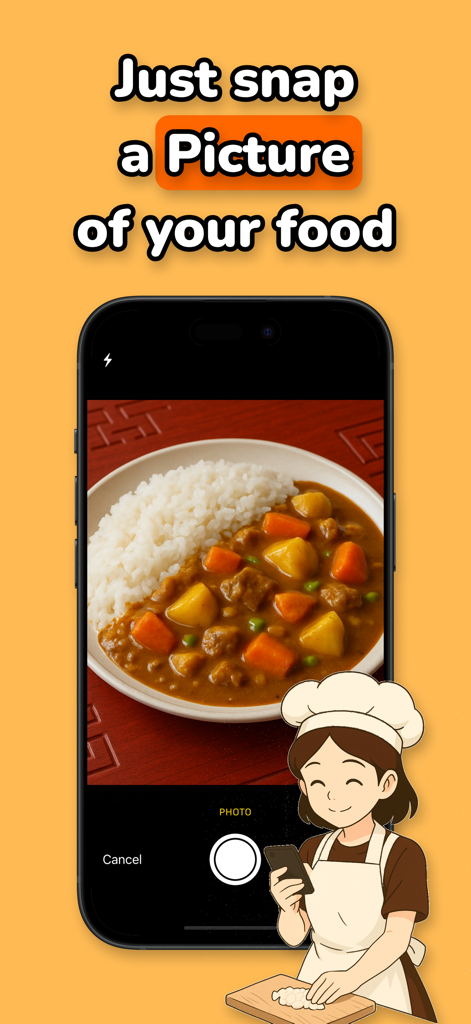 Mama AI - Recipe Identifier - Mama AI app screenshot showing how to snap a picture of food to generate a recipe.