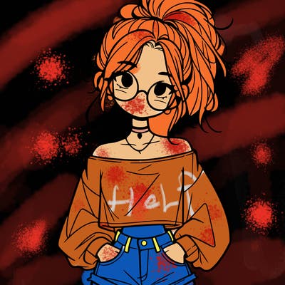 girl with a messy ponytail glasses a baggy crop top and jean shorts