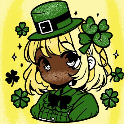 a manga-style girl with clovers around her, a little hat in her hair, like it's saint patrick's day
