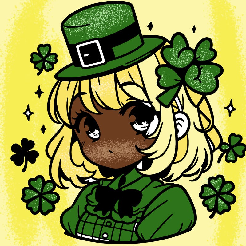 a manga-style girl with clovers around her, a little hat in her hair, like it's saint patrick's day