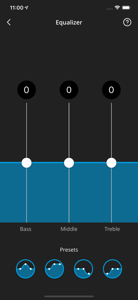 Equalizer screen in the WIDEX EVOKE app showing sliders for Bass Middle and Treble adjustments and sound presets