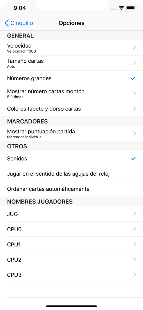 iCinquillo - iCinquillo mobile app options menu in Spanish showing game customization settings
