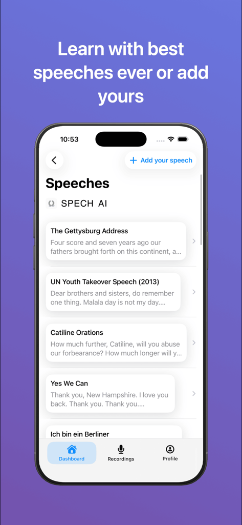 Speaking Coach -  SpechAI - Interfaz de la aplicación móvil SpechAI que muestra una lista de discursos históricos disponibles para practicar y analizar oratoria.