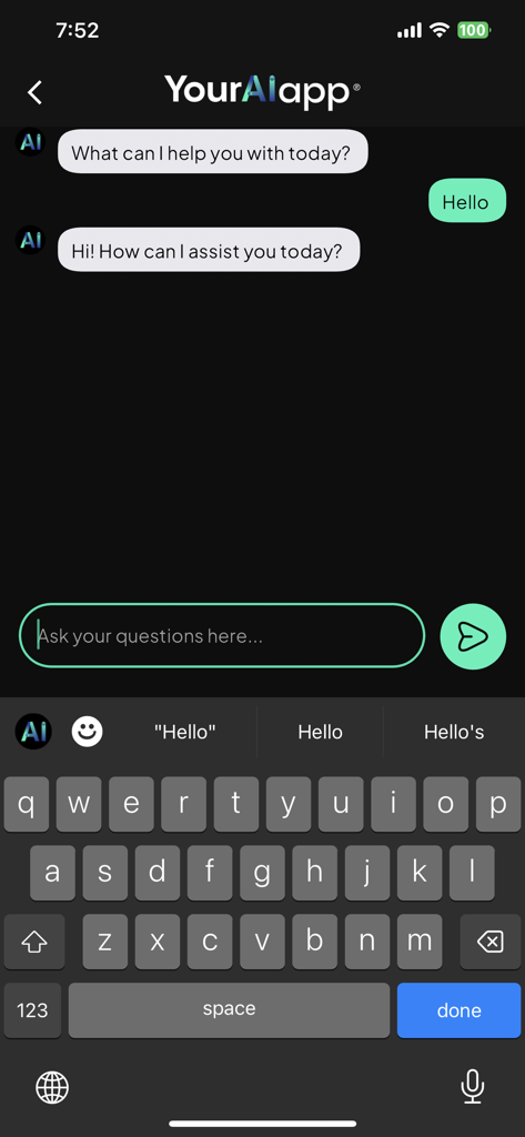 Interfaccia di chat de La Tua App AI che mostra una conversazione con un assistente AI e una tastiera mobile.