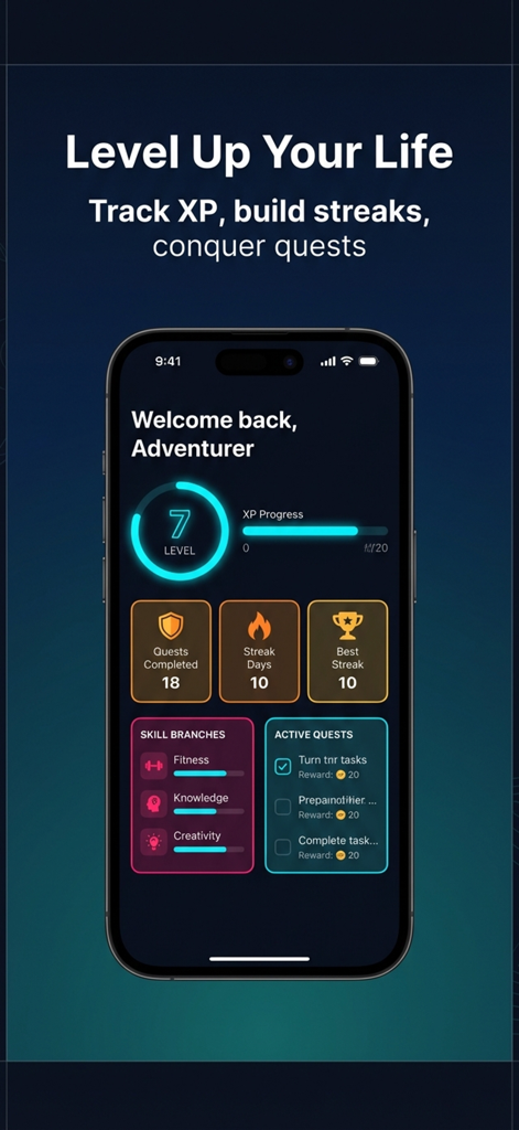 QuestFlow: Life Gamified - QuestFlow app dashboard displaying level progress active quests and skill branches for fitness and knowledge