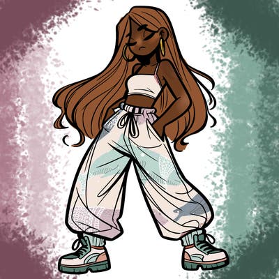 girl in baggy pants crop top and long hair