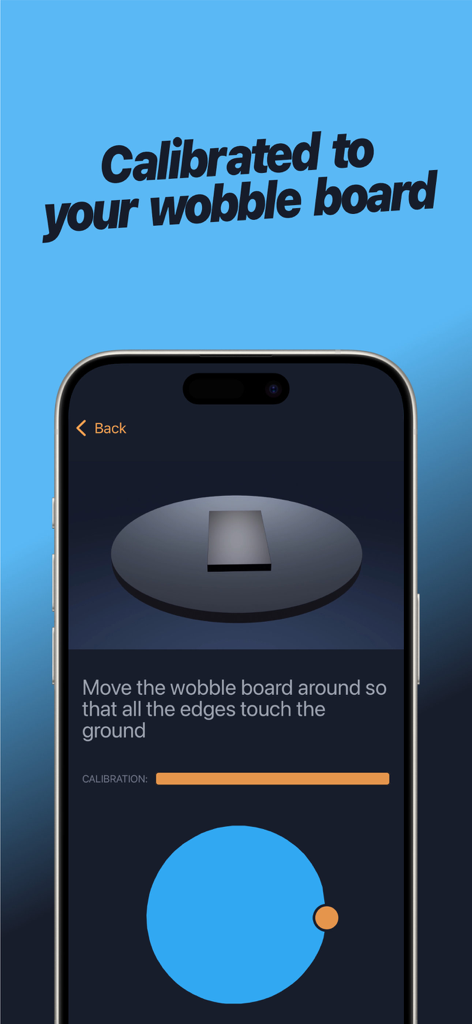 Wobble Time - Interfaz de la aplicación Wobble Time que muestra el proceso de calibración del tablero de equilibrio.