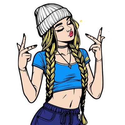 realistic teenage girl with braids and a beanie and crop top doing 🫶🏼