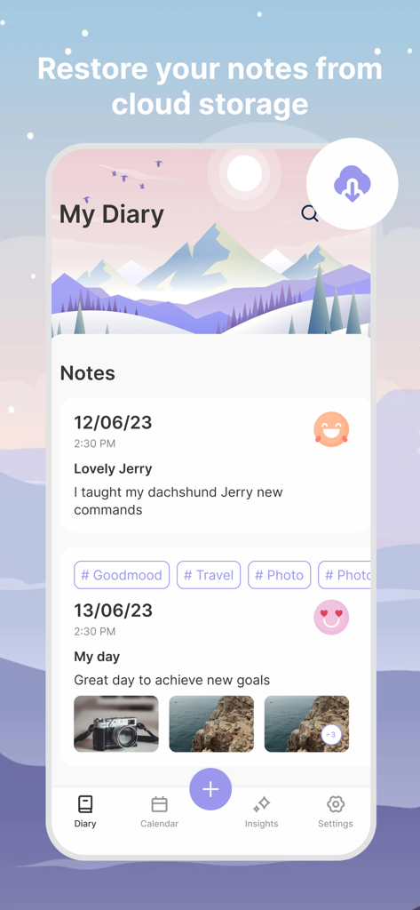 My Diary with password & lock - My Diaryアプリのインターフェース。ジャーナルエントリとクラウドストレージ復元オプションを表示。