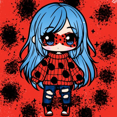 chibi girl with ripped jeans,long hair, and an oversized sweater