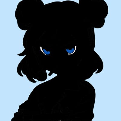 an anime girl with pigtails buns that are loose and free, she is wearing a jean jacket with her arms crossed. she has a lollipop in her mouth with her eyes narrowed. she looks very cool and daring