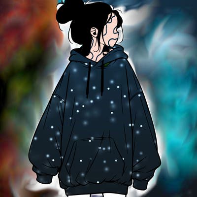 realistic girl with a oversized sweatshirt on and a bun