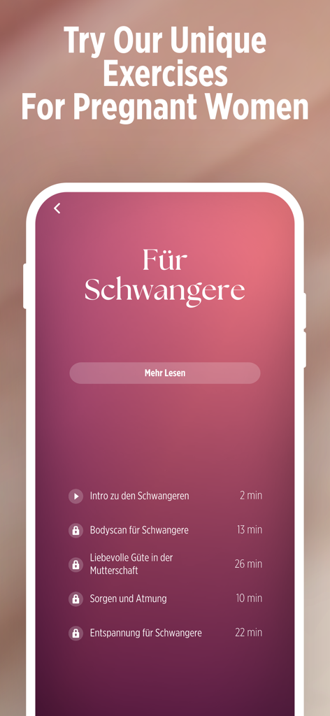 A smartphone display showing a menu of mindfulness and meditation exercises specifically for pregnant women in the German language.