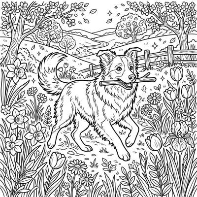 Unleash your creativity with this charming coloring page featuring an energetic Border Collie enjoying a vibrant spring meadow. This detailed illustration captures the playful spirit of the dog surrounded by beautiful blooming flowers and lush scenery.