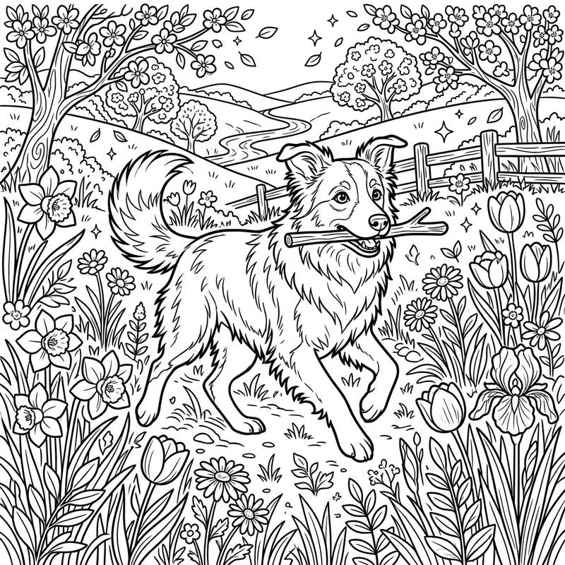 Unleash your creativity with this charming coloring page featuring an energetic Border Collie enjoying a vibrant spring meadow. This detailed illustration captures the playful spirit of the dog surrounded by beautiful blooming flowers and lush scenery.