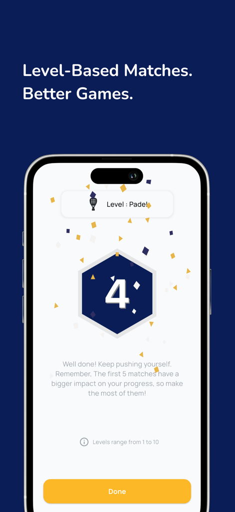 Vamos: Book, Play, Win - A smartphone display showing the Vamos app level based matching system with a level four padel player badge