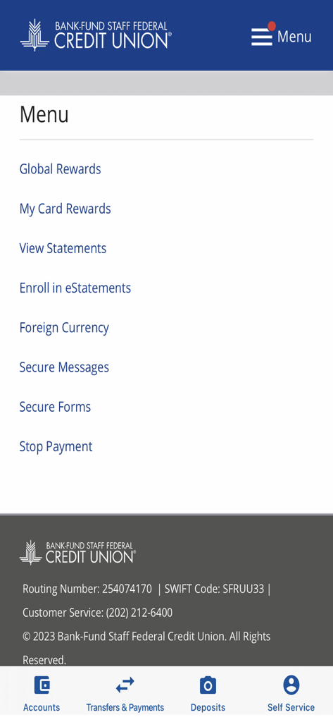 BFSFCU - Menú de la aplicación móvil de Bank-Fund Staff Federal Credit Union con servicios bancarios como estados de cuenta de recompensas y mensajes seguros