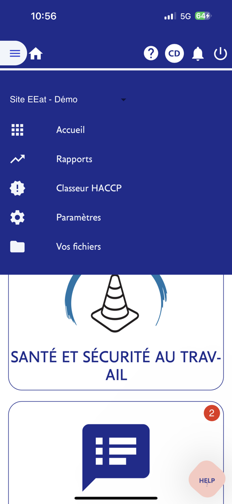 eEAT HACCP - Interface móvel do aplicativo eEAT HACCP mostrando o menu lateral e as seções do painel de saúde e segurança