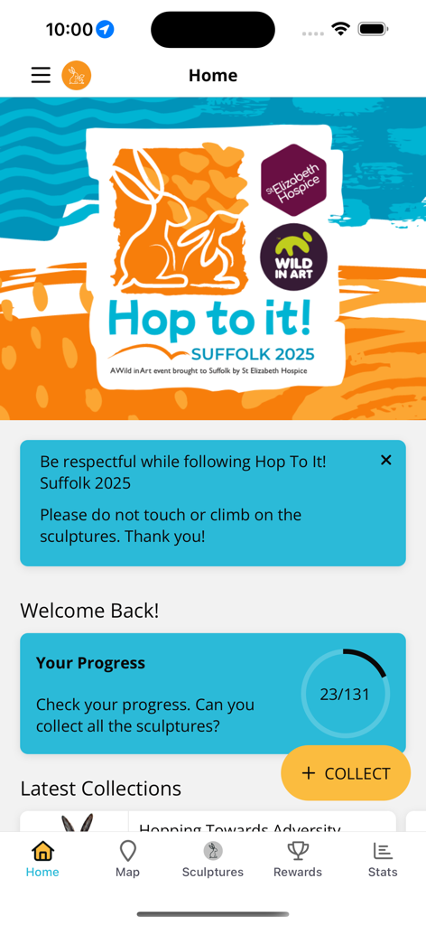 Hop to it! Suffolk Art Trail - Home screen of the Hop to it Suffolk Art Trail app showing sculpture collection progress and latest news